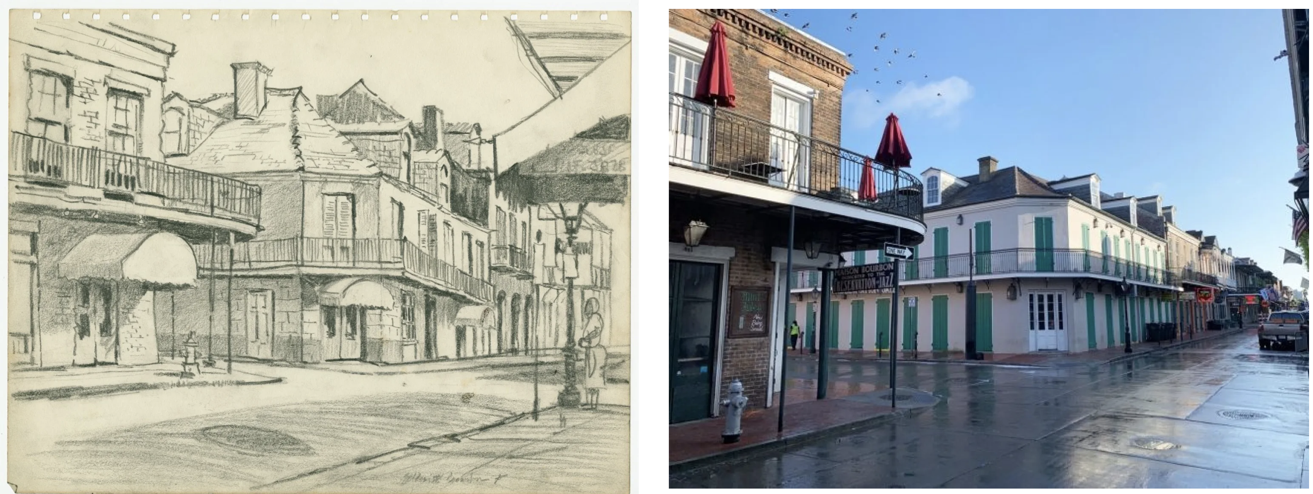 On the left is a pencil sketch of a street with old-style buildings and balconies. On the right is a photograph of a similar street scene, featuring real buildings with balconies, shutters, and wet pavement.