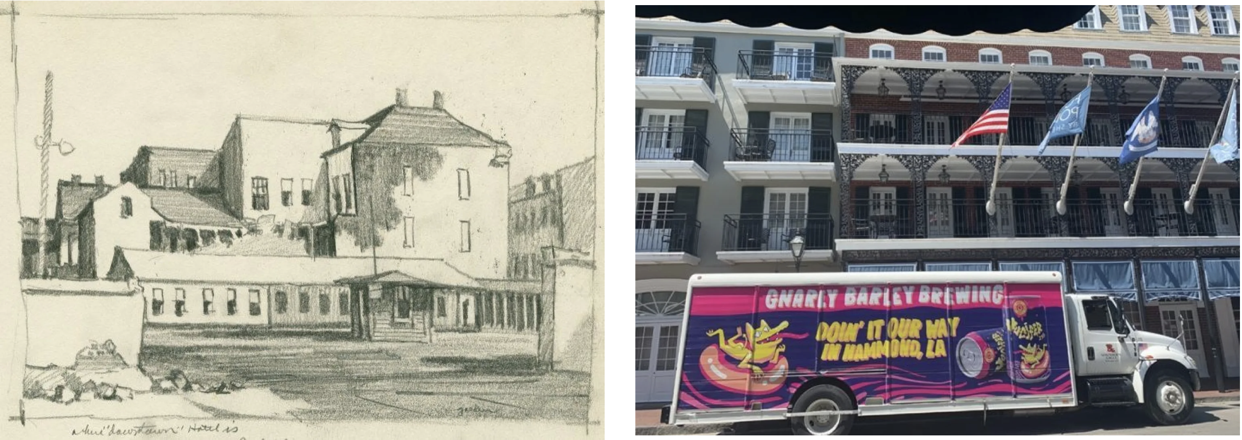 Left: A pencil sketch of a historic building in New Orleans, with simple lines and shading. Right: A vibrant truck from Gnarly Barley Brewing with colorful graphics and text, parked in front of a building adorned with multiple flags and balconies.