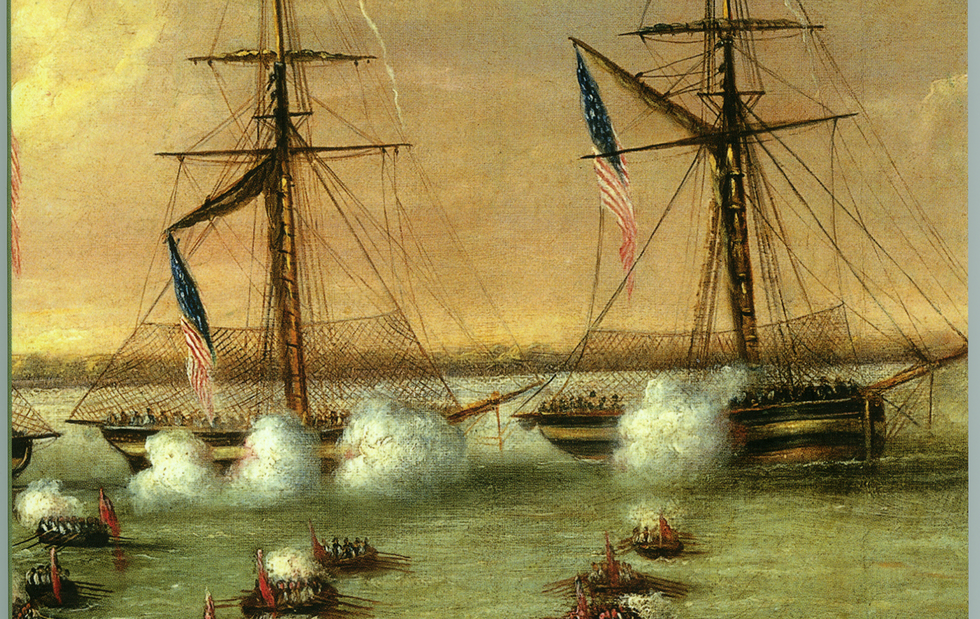 A historical painting depicts two sailing ships with American flags engaged in a naval battle. Smoke from cannon fire fills the air, and smaller boats are in the water nearby. The sky is overcast, adding to the dramatic scene.