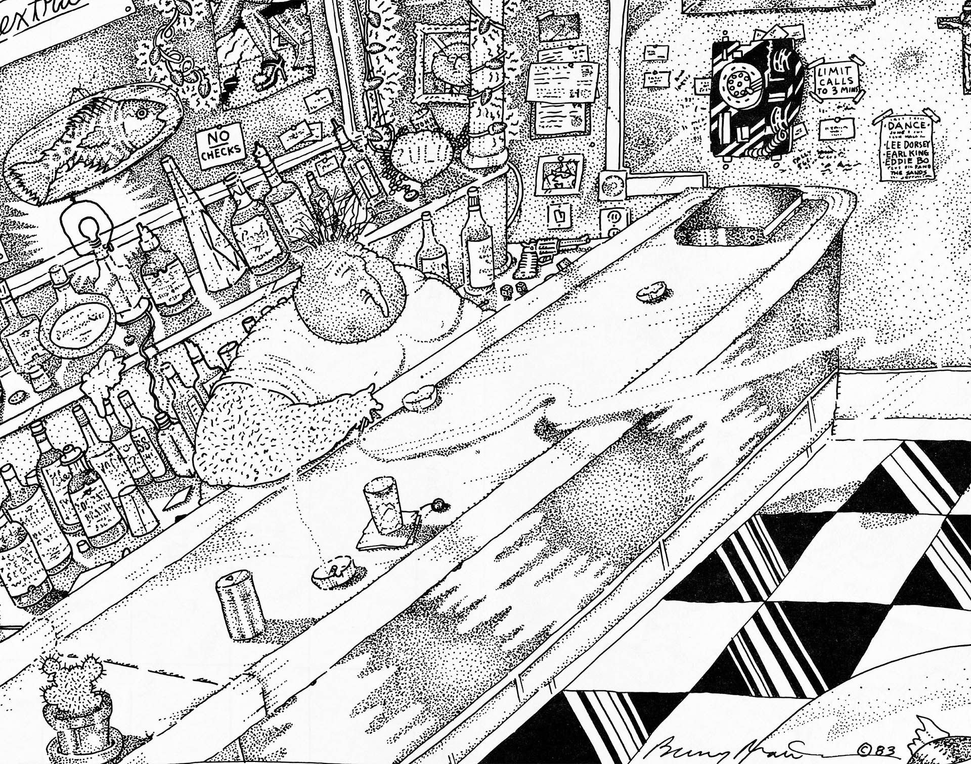 A black and white illustration by Bunny Matthews depicting the interior of a cafe and bar in the Lower 9th Ward neighborhood. The manager stands behind the bar smoking a cigarette, with rows of bottles behind him, and is surrounded by references to New Orleans culture.