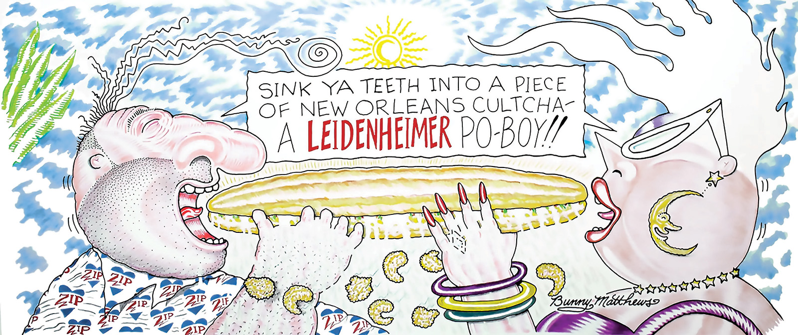An illustration featuring Bunny Matthews’s cartoon characters, Vic and Nat’ly, eating a po-boy sandwich.
