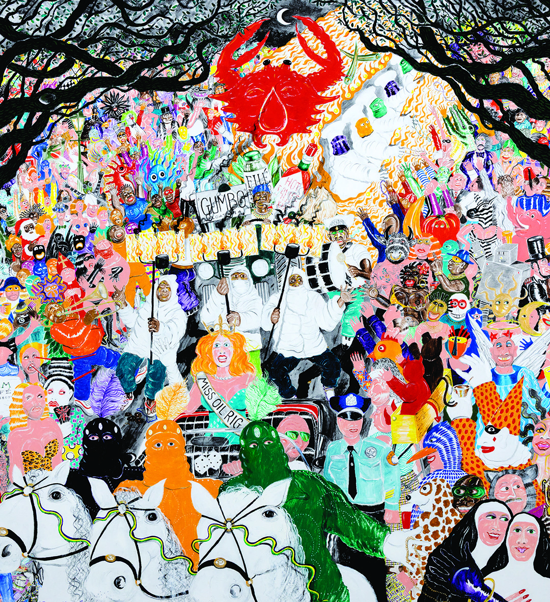 Inside cover illustration by Bunny Matthews showing a vibrant New Orleans parade scene from the book "Bunny Matthews: His Life, Art, and Obsessions."
