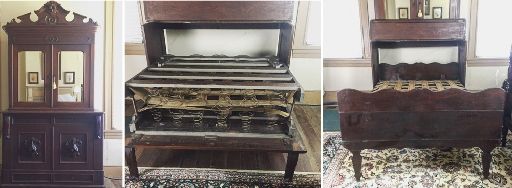A collage of three images featuring a vintage wooden murphy bed. The first shows the bed closed, appearing as a cabinet with ornate detailing. The second and third show the bed partially and fully opened, revealing metal springs and an intricate rug underneath.