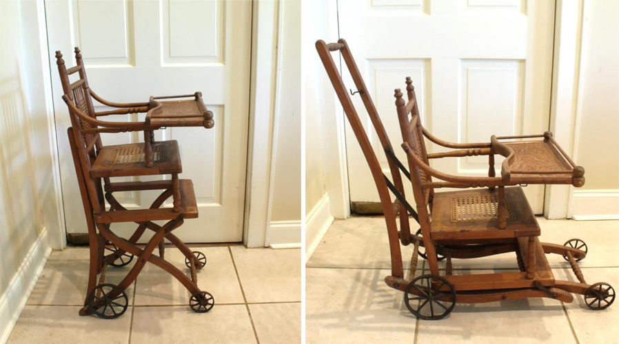 Two images of a vintage wooden high chair with foldable features. The chair has a woven seat, armrests, and two small wheels on the back legs. The second image shows the chair in a partially collapsed position. It stands on a tiled floor.