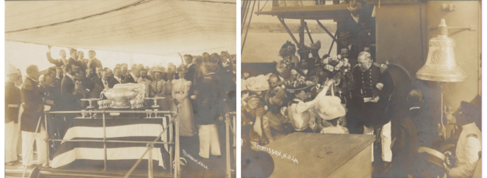 Two vintage sepia-toned photos: Left shows a crowd of people under a canopy near a casket draped with a flag and a large ornate urn. Right shows a sailor surrounded by people on a ship, holding two babies, with a large bell visible.
