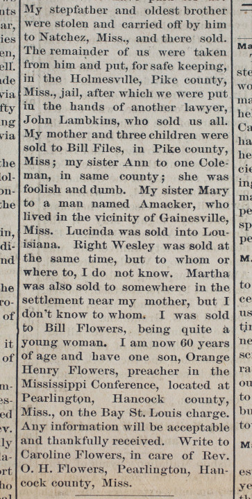 A vintage newspaper clipping with text detailing a familys history, mentioning names, locations, and events such as imprisonment, relocation, and personal anecdotes. The text refers to towns in Mississippi and Louisiana.