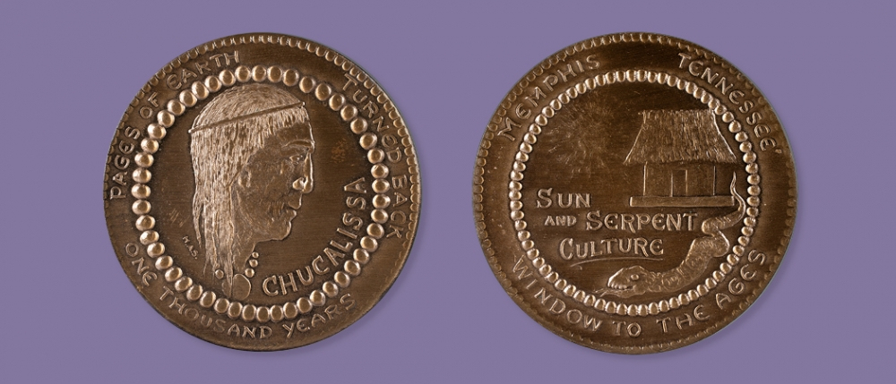 Two commemorative medallions on a purple background. One shows a profile of a person and reads Chucalissa and Ages of the Earth. The other depicts a hut and a serpent with Sun and Serpent Culture and Window to the Ages inscriptions.