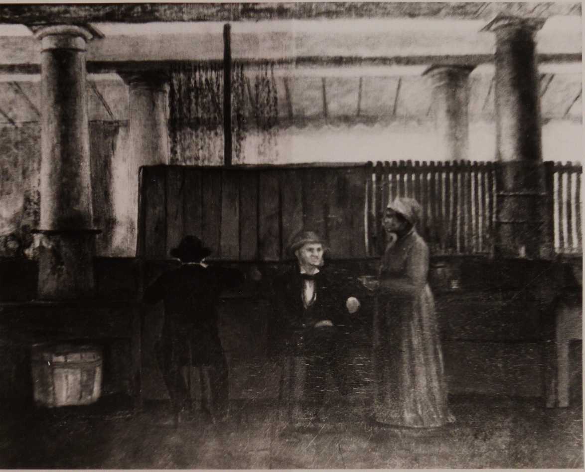 Black-and-white photograph of a mid-19th-century painting by Richard Clague, showing Rose Nicaud at her stand.