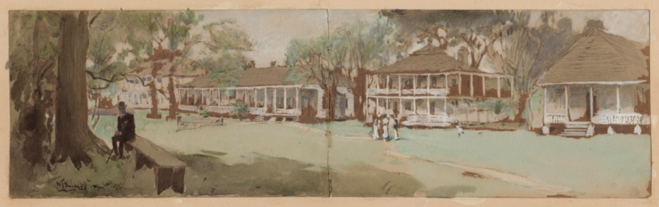 A serene painting of a plantation landscape with trees and several wooden houses with porches. A person sits on a bench under a large tree to the left, and a group of people stands on a path in the center.
