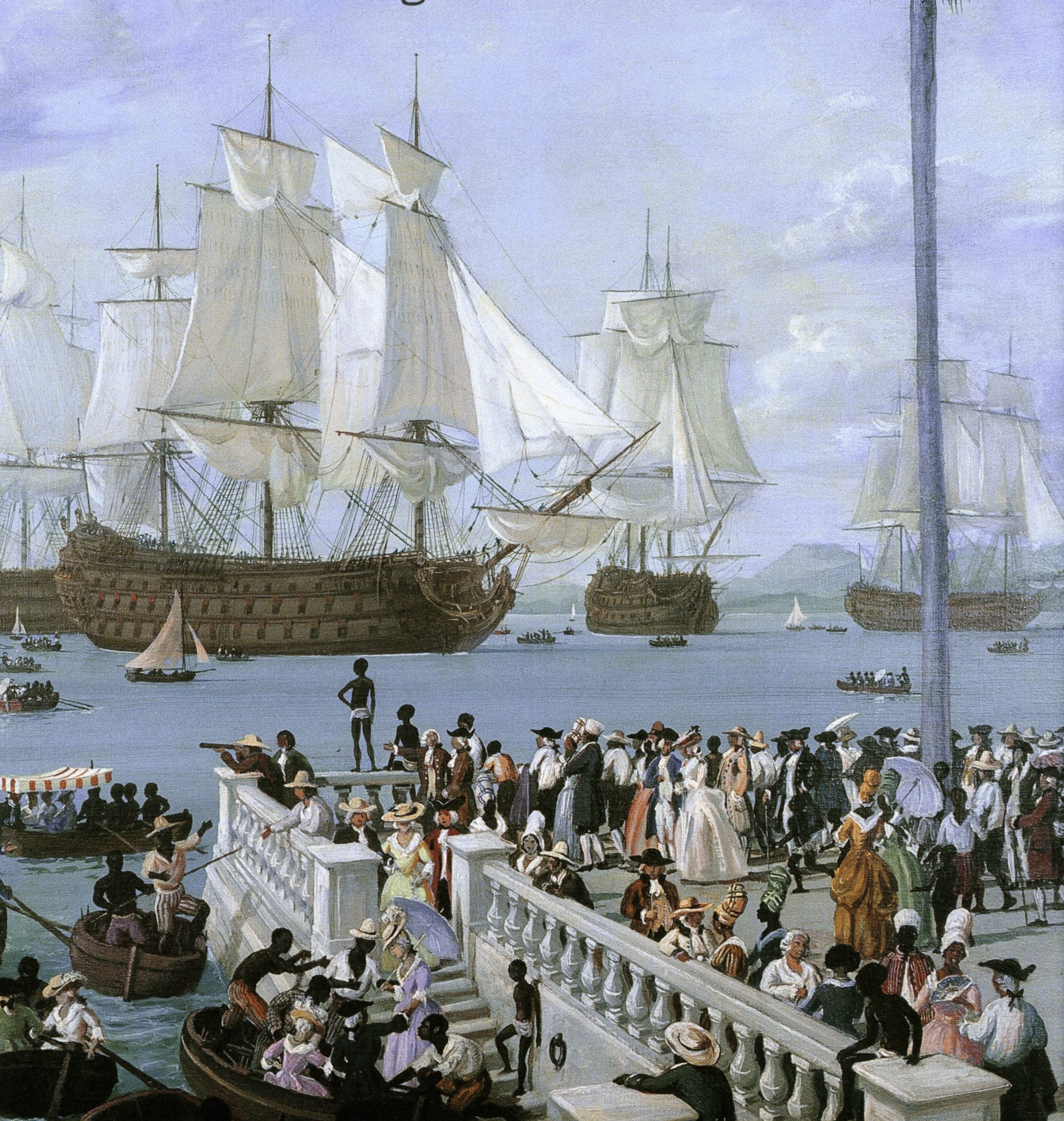 A bustling 18th-century harbor scene with a crowd of people gathered on a dock, watching several large sailing ships with billowing sails in the water. Boats and small vessels fill the foreground, enhancing the lively atmosphere.