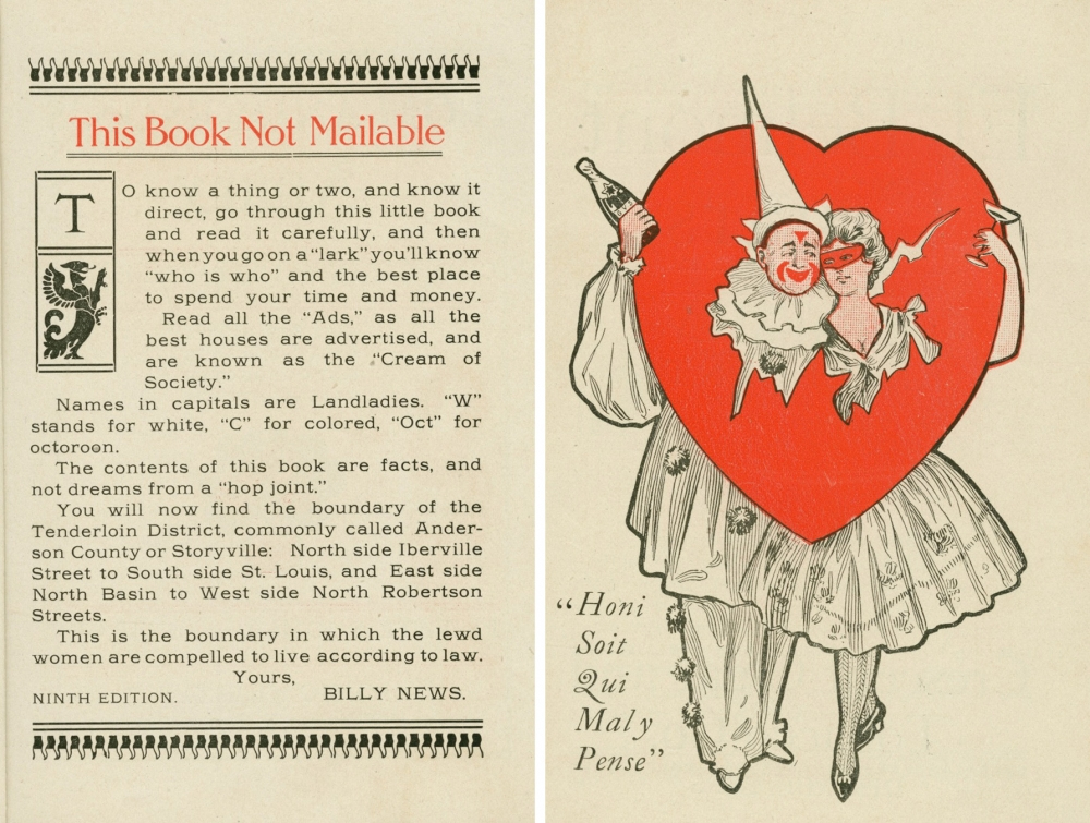 A vintage illustration featuring a clown and a woman with their heads inside a large red heart. The image includes ornate text and decorative elements around the border.
