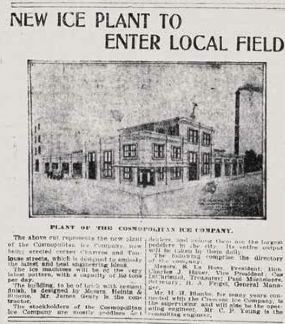 Newspaper clipping with the headline New Ice Plant to Enter Local Field. Includes an illustration of the Cosmopolitan Ice Company building, featuring a two-story structure with large windows and smokestacks. Text details the plants significance.