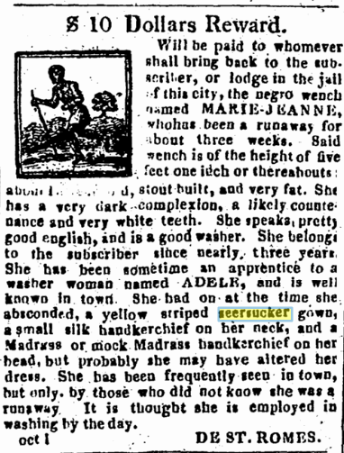 An 1818 newspaper ad offering a $10 reward for a runaway woman named Marie-Jeanne, described with physical attributes and clothing. The ad includes an image of a person holding a tool, likely depicting enslavement.