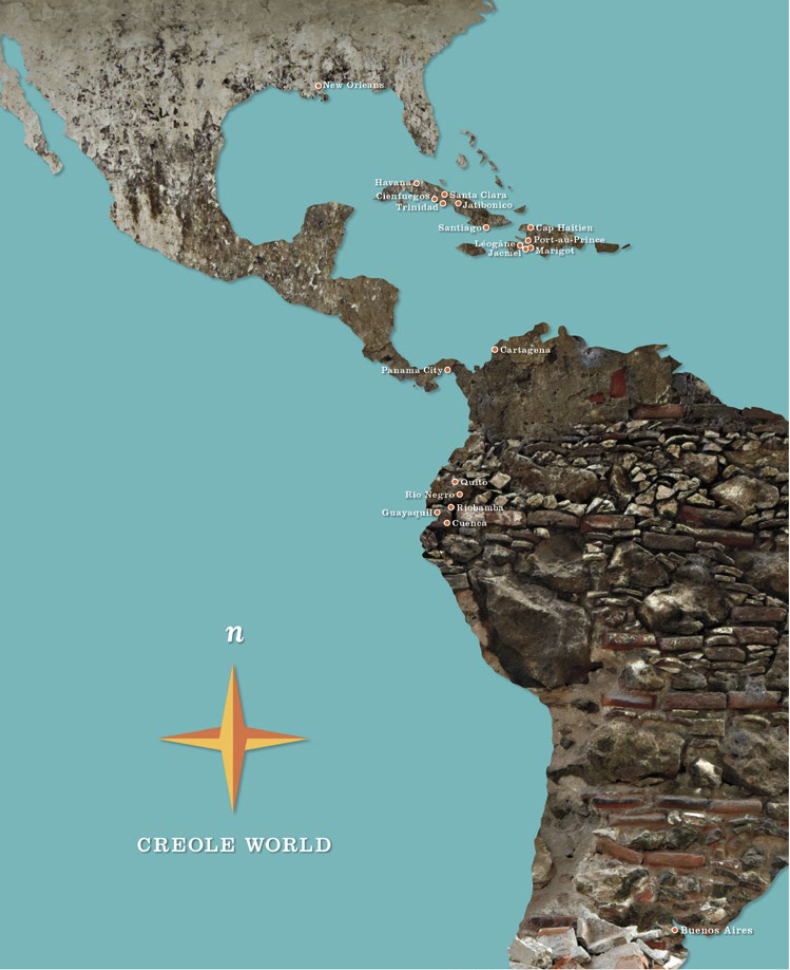 Map titled Creole World. It shows parts of North and South America with locations marked, including coastal and inland cities. The background is a blue ocean with a large compass rose. South Americas landmass features a textured, stone-like design.