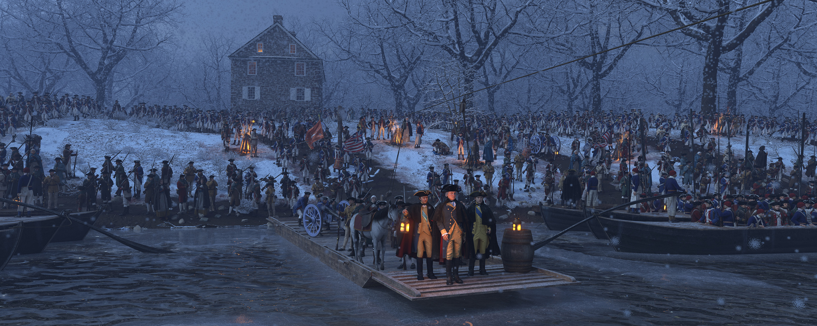 Preproduction still from American Revolution: The Augmented Exhibition showing Washington's Crossing of the Delaware River.
