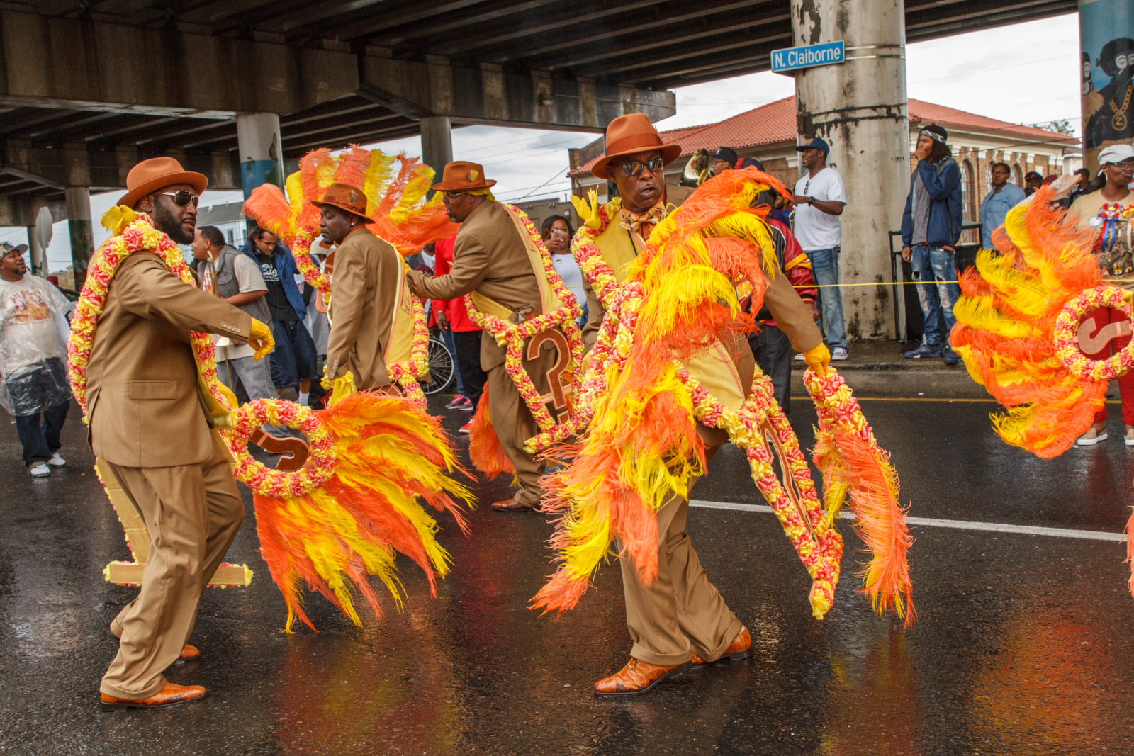 Keith “Twin” Howard with members of the ? Mark Social and Pleasure Club at a Dumaine Gang parade in 2016. The Claiborne overpass can be seen behind them.