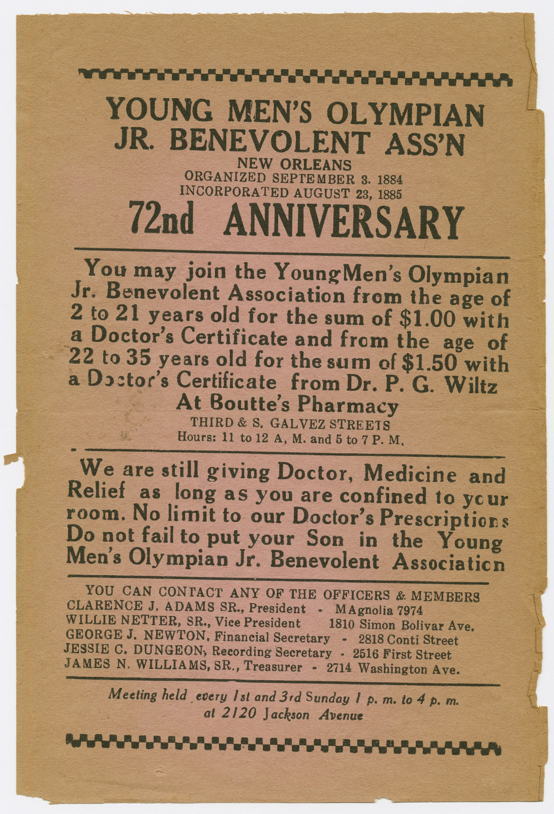 A yellowed handbill commemorating the 72nd anniversary of the YMO, Jr. from 1957,  detailing membership requirements, medical benefits, and contact information for officers. The aged paper has frayed edges, with bold typography and a decorative border.