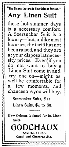 A vintage advertisement for Godchaux Linen Suits, touting seersucker suits for $12 and linen suits for $4. The ad emphasizes comfort and affordability, mentioning New Orleans reputation for linen suits. The store is located at Canal and Chartres Sts.