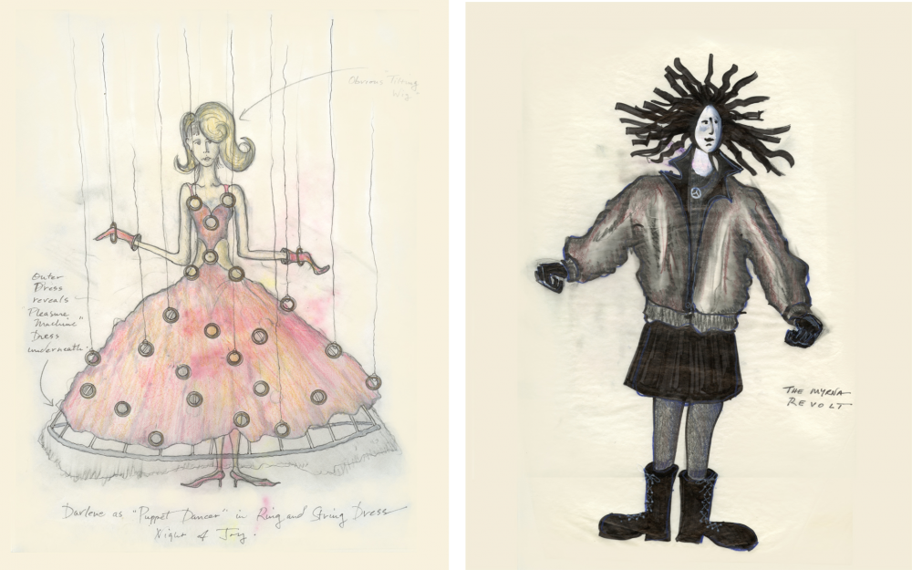 Two fashion sketches: Left, a woman in a pink, polka-dotted ball gown with puppet dancer labeled. Right, a figure with spiky hair in a leather jacket and skirt labeled The Avatar Revisit. Both have detailed, handwritten notes.