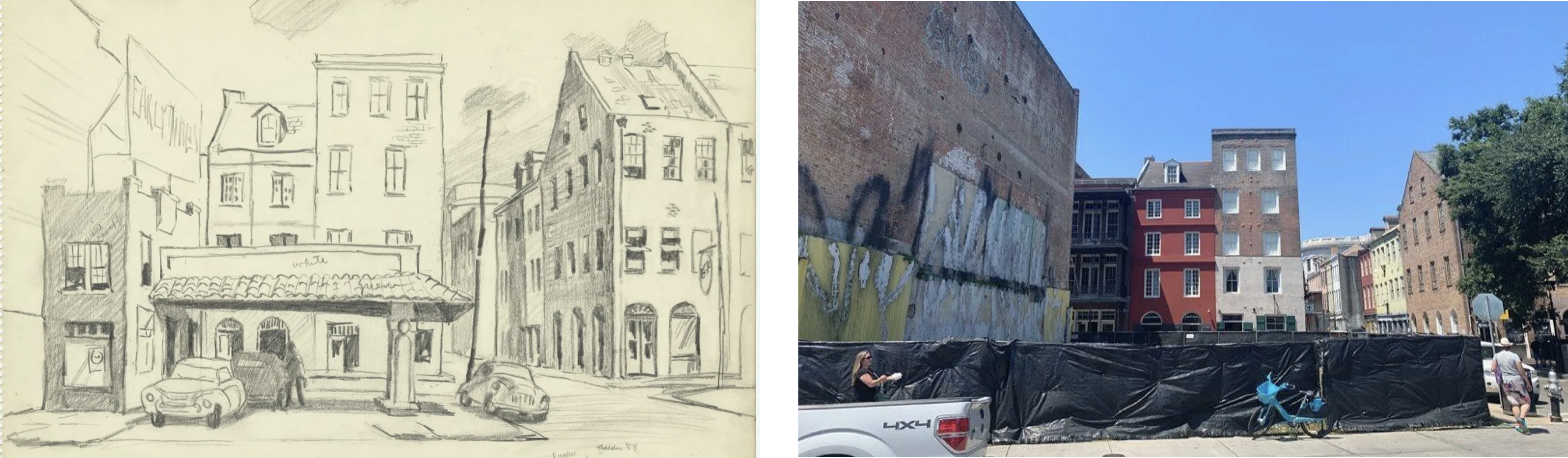 Side-by-side images: Left shows a pencil sketch of a street with vintage cars and buildings. Right displays a modern street view with buildings, a truck, a bicycle, and a construction area covered by a black tarp.