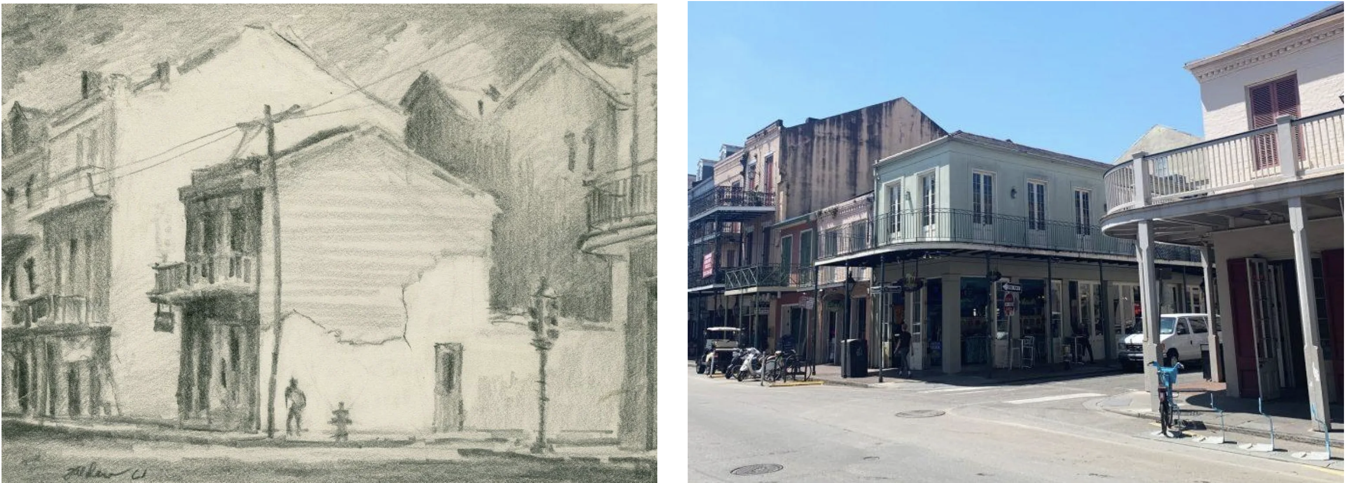 A side-by-side comparison shows a pencil sketch and a photograph of the same street. The sketch on the left captures a historic street scene, while the photo on the right displays the same location with similar buildings under a clear blue sky.