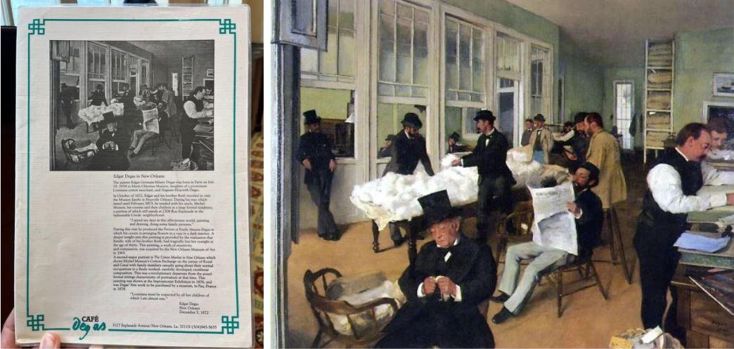 A newspaper menu from Café Degas is held up next to a painting of men in 19th-century attire. The men are sitting and reading newspapers in a room with large windows. The menu and painting share similar themes, connecting past and present.