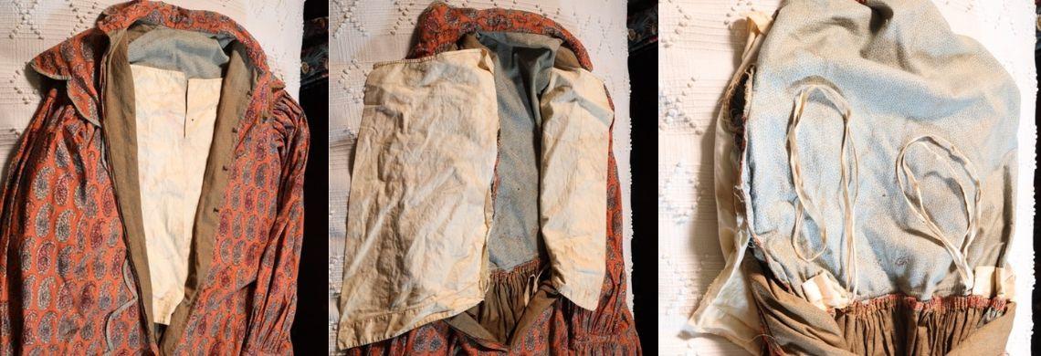 Three images showing a vintage, red-orange patterned coat with an open collar. The coat is lined with light-colored fabric and features gathered fabric details and ties inside, suggesting its designed for warmth or specific fastening.