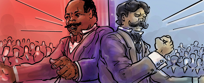 A stylized illustration of two men facing away from each other. One is against a red background, and the other against a blue background. Both have determined expressions and are surrounded by a crowd of people.