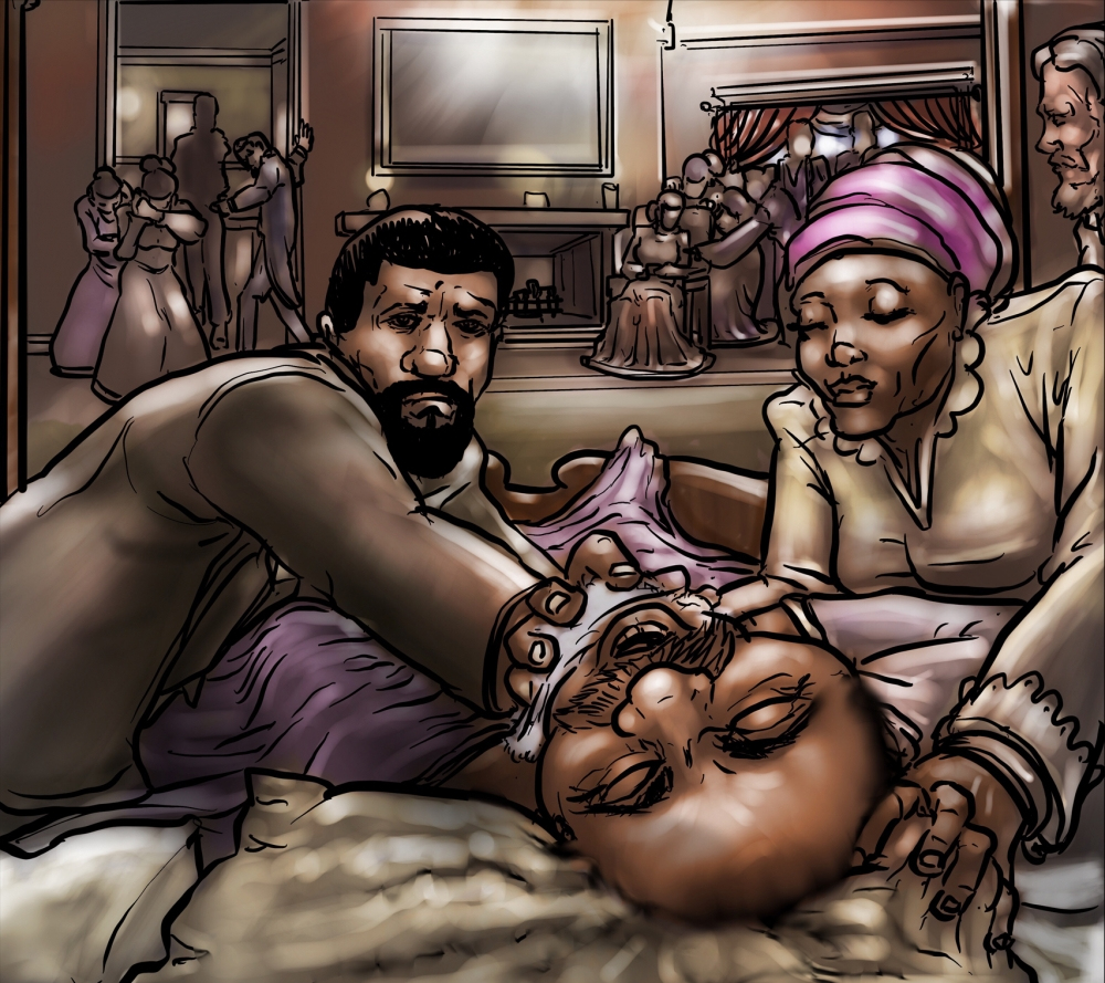 A tense scene in a dimly lit room where a man supports another as he lies down, seemingly distressed. A woman in a colorful headwrap looks on. In the background, pairs of people dance under warm lighting.