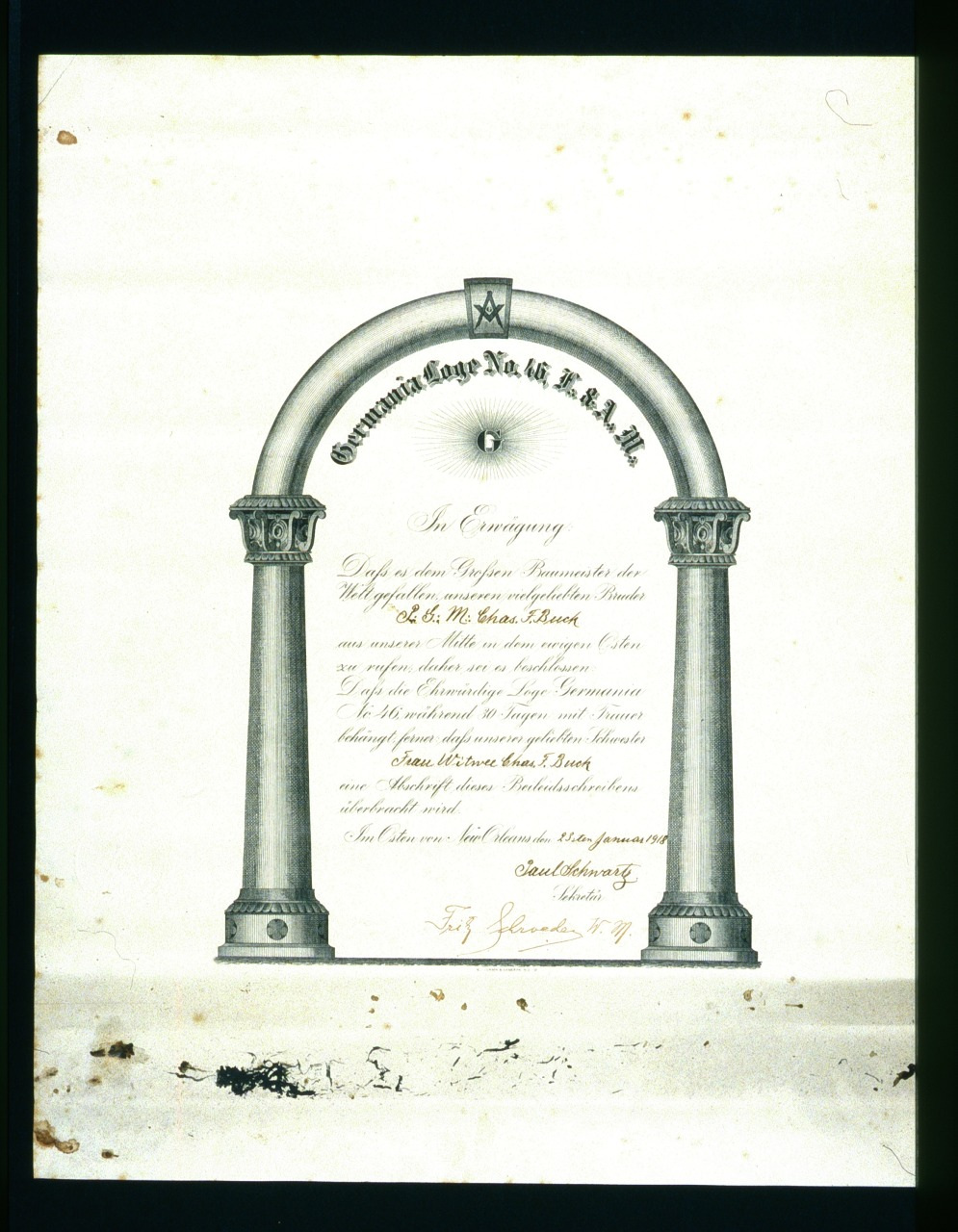 An old, ornate document featuring two columns and an arch labeled Constitution Lodge No. 68 E. & A.M. It has cursive text in the center with decorative elements, and a date 19th September 5818 at the bottom.
