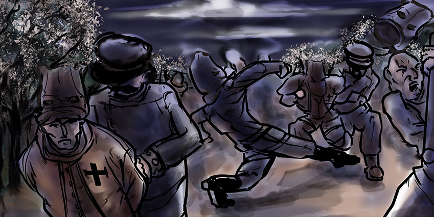 A dramatic scene of soldiers in dark uniforms amidst a chaotic night-time battle. One soldier, illuminated, appears to be throwing something, while others advance. The background shows blurred movement and tumultuous skies.