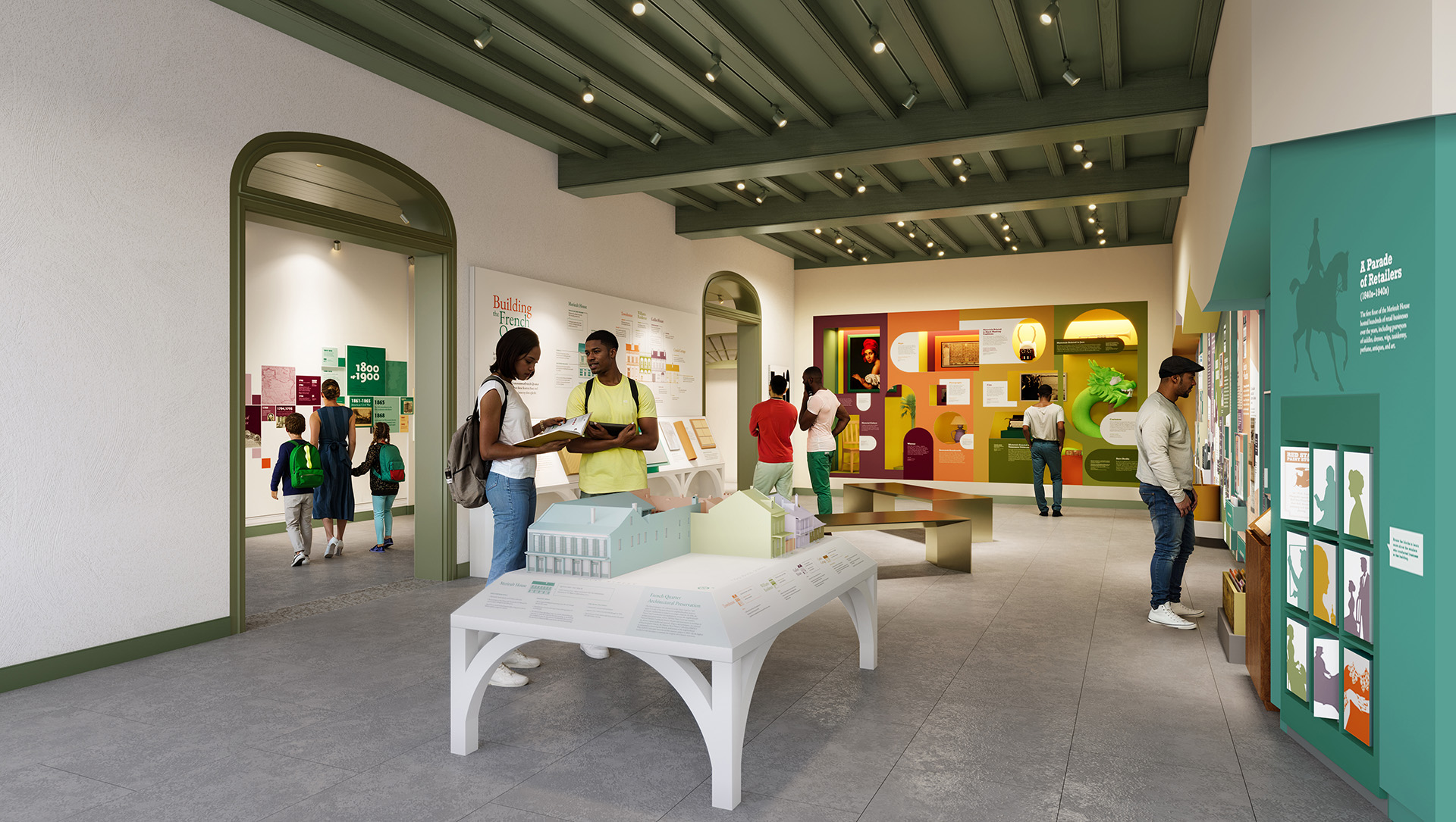 A rendering of the Engagement Gallery at HNOC's 533 Royal Street museum campus, showing interactive displays and high ceilings with historic beams.
