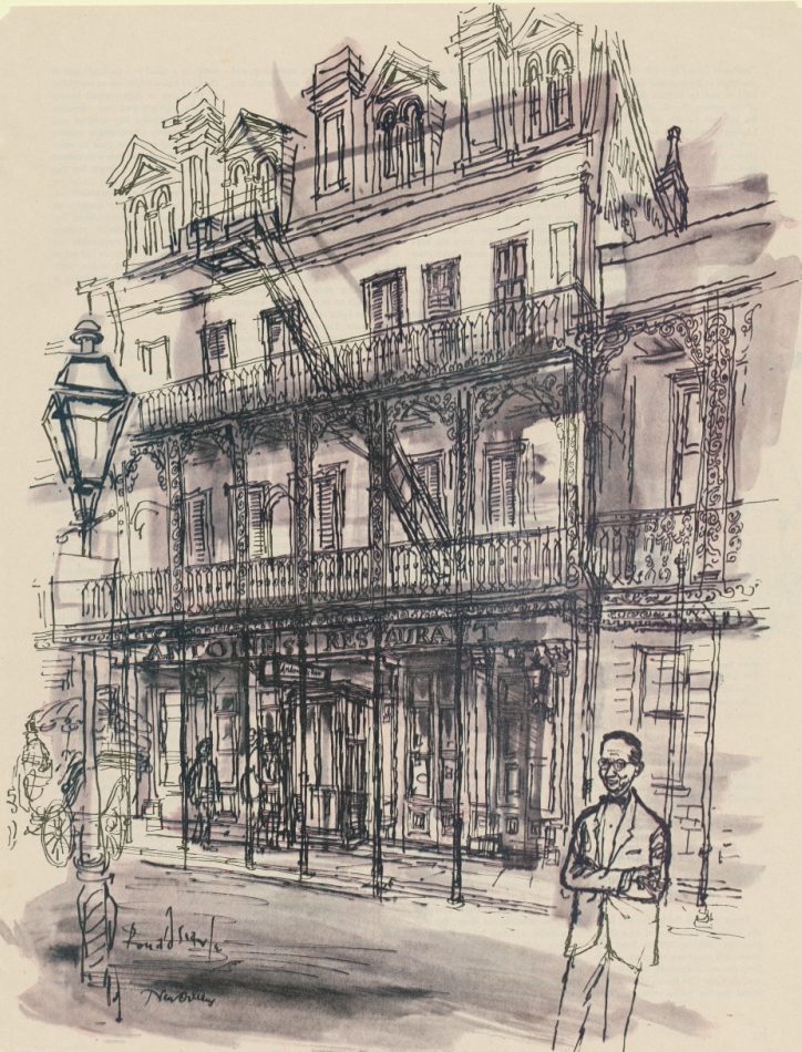 A detailed sketch depicts a historic, multi-story building with ornate iron balconies, a lamppost on the street, and a person standing in the foreground. The artwork captures an architectural essence and street scene ambiance.