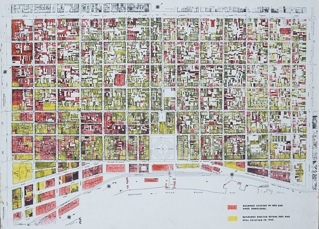 A detailed historical map of San Franciscos downtown, circa 1906. The buildings are color-coded: red for those damaged in the earthquake and yellow for those destroyed by fire. Streets are clearly marked, with a coastal line at the bottom.