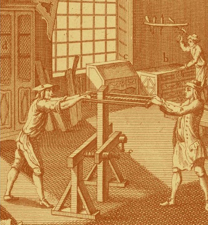 An illustration of two men operating a large saw, cutting a wooden plank. They are indoors, surrounded by tools and wooden furniture. Another man stands in the background, holding an object near shelves. The scene is depicted in sepia tones.