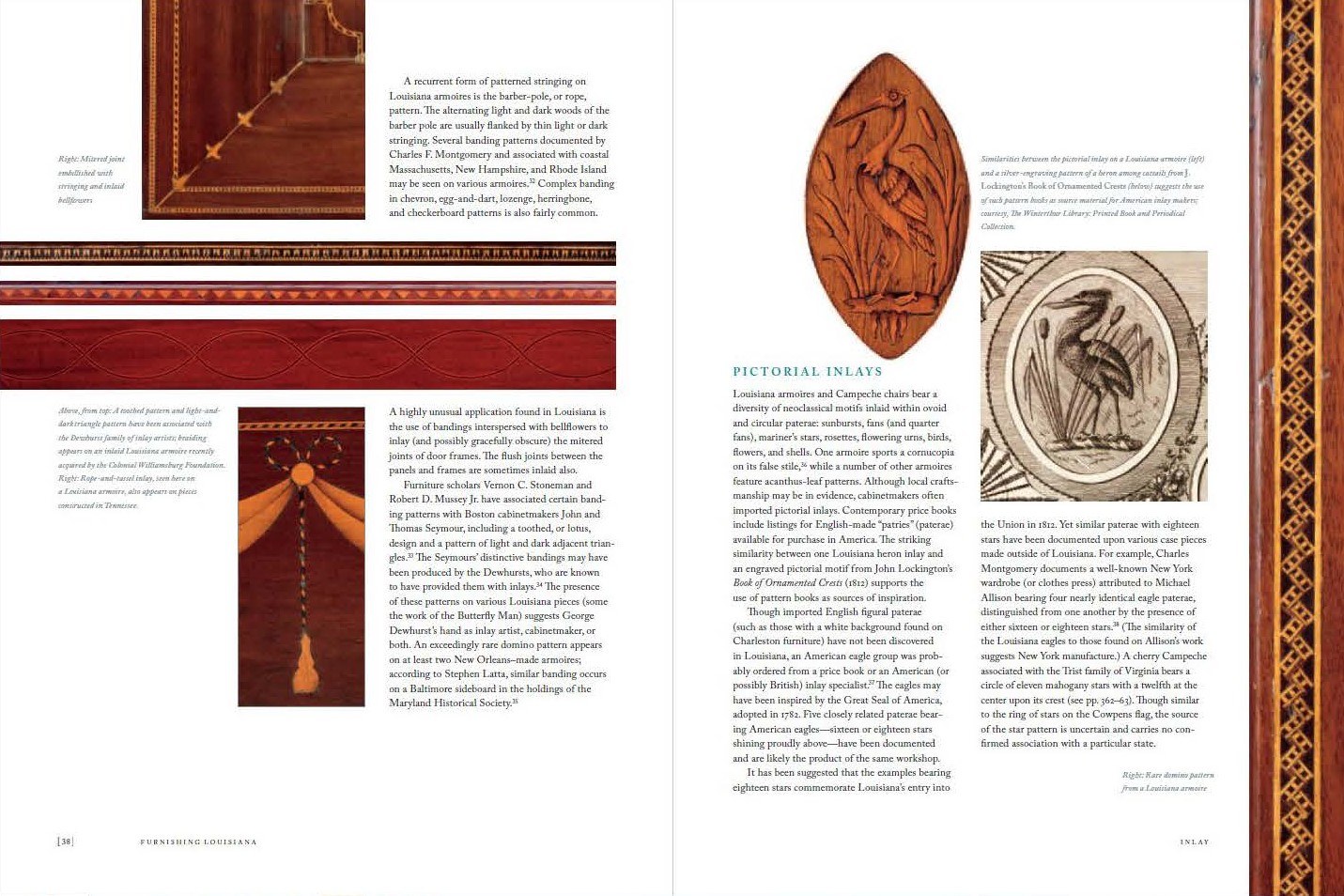 A double-page spread from a book discussing historical architectural designs. It includes images of ornate wooden inlays and trims with detailed patterns, such as birds and geometric shapes, alongside descriptive text about pictorial inlays.