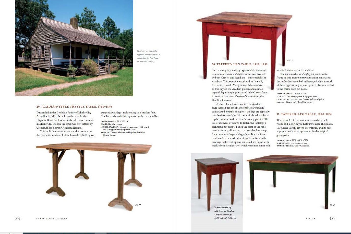 A two-page spread from a book shows images and descriptions of tables. The left side features a rustic wooden cabin and a trestle table. The right side displays two tapered-leg tables, one red and one dark wood, with descriptive text next to each.