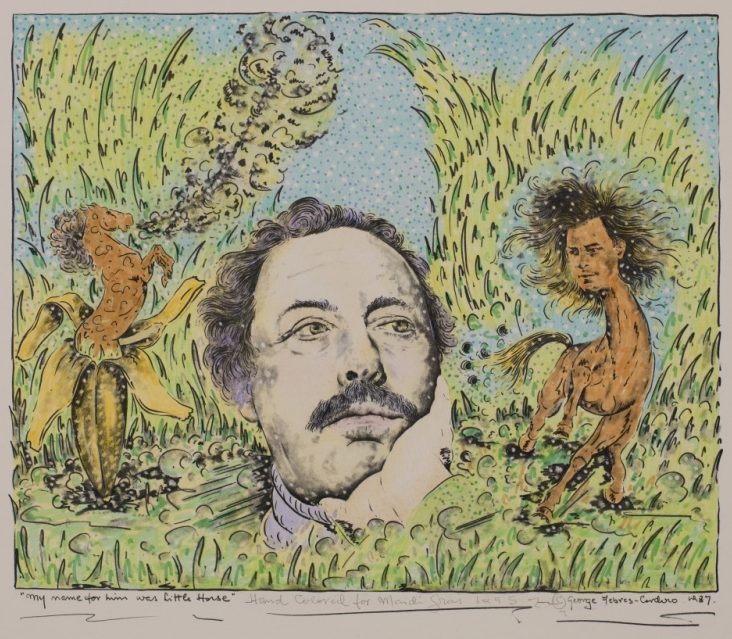 A surreal illustration depicts a large, contemplative human face in a field. Nearby, a man with a horse body plays a trumpet, and another fantastical creature appears, all surrounded by waving grass and whimsical details.