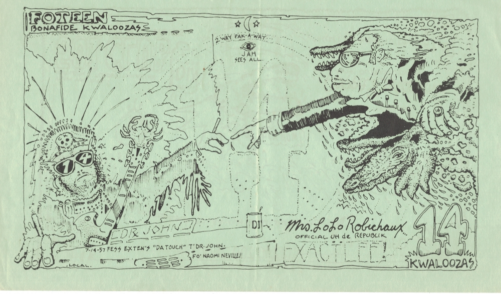 A surreal, hand-drawn poster featuring lizards in human attire. One holds a joint with cartoonish rays and Foxteen Kwaloozas written on top. Other text includes Dr. John, 14 Kwaloozas, and Mss LoLo Robichaux. The background is a light green.