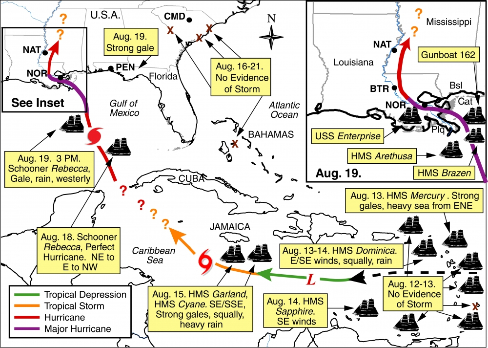 Map illustrating hurricane tracks and storm strength from August 13-19, 1837, across the Caribbean Sea and Gulf of Mexico. Features symbols for ships, storm types, and directional arrows with notes on conditions and dates for various locations.