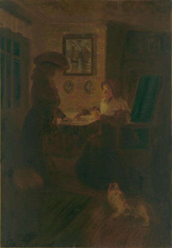 A dimly lit room with a seated woman reading a book by candlelight. A figure stands nearby in shadow, and a small dog is on the floor. Two framed pictures and a plate adorn the wall in the background.