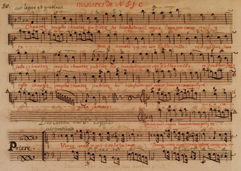 A page of sheet music with handwritten notes and lyrics in French. The music is titled misteres de N. S. C, with some sections in red ink. Musical notes are arranged in staves, indicating vocal and instrumental parts.