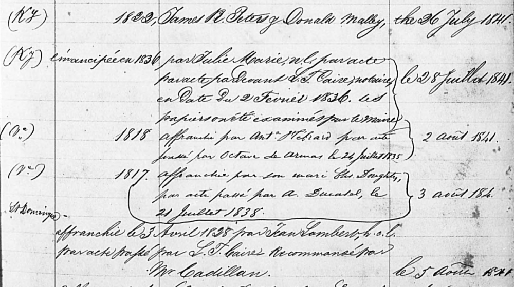 A handwritten document with multiple entries and annotations, including dates such as 1818, 1838, and 1848. Text is in French, with some words circled and sections marked with numbers. Text appears faded in some areas.