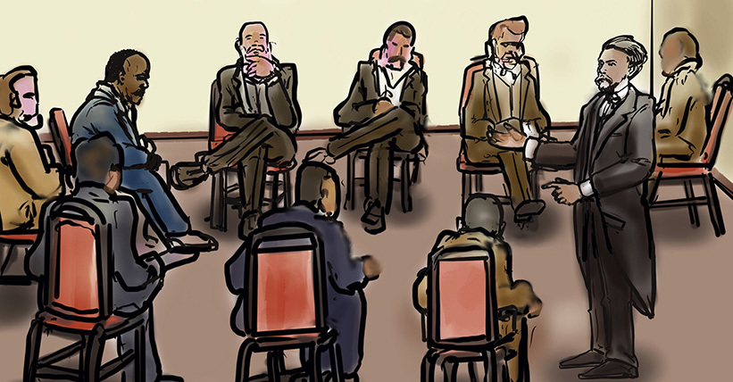 An illustration of a group of men seated in a circle, attentively listening to a standing man in a suit who is gesturing while speaking. The setting appears to be a formal discussion or meeting room.