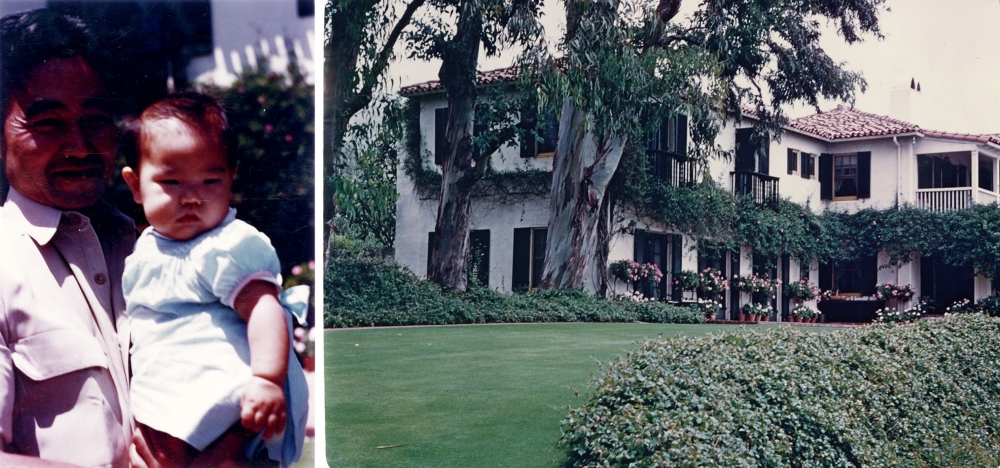 The image is split; on the left, a man holds a baby, both looking away. On the right, theres a large, two-story house with ivy-covered walls and gardens in front.