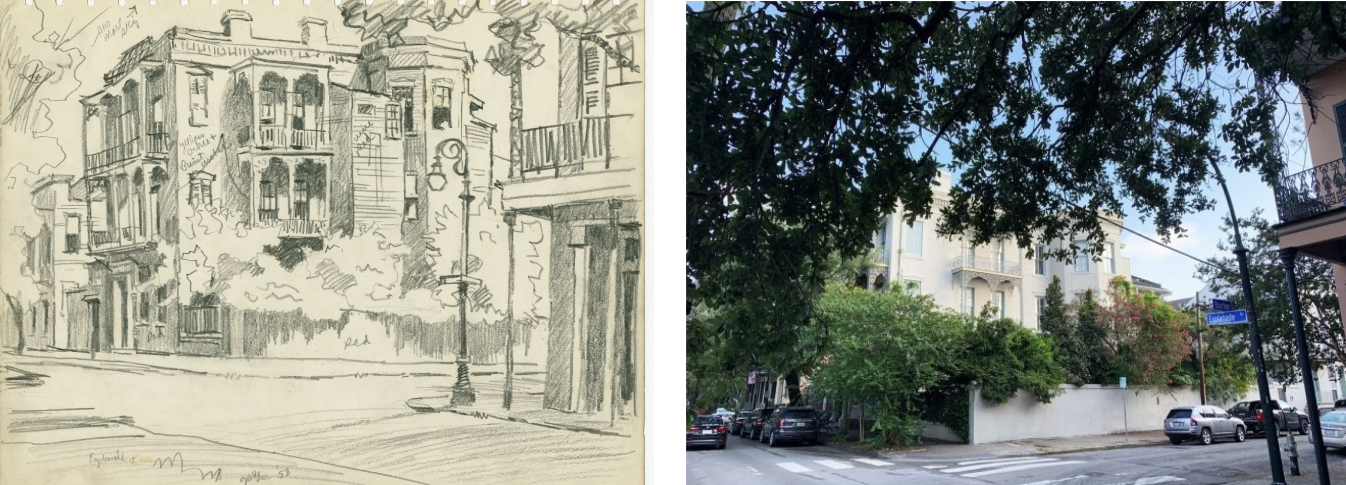 Split image: Left side shows a pencil sketch of a tree-lined street with two-story buildings; Right side is a photo of a similar street scene, featuring leafy trees, parked cars, and buildings on a sunny day.
