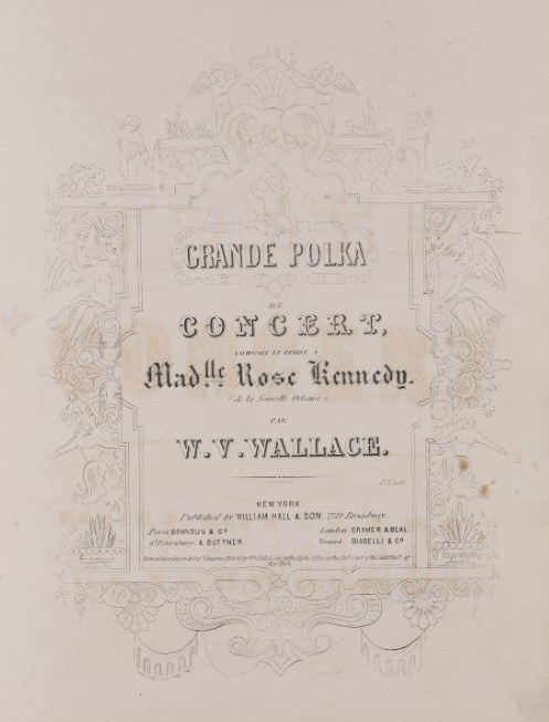 Sheet music cover for Grande Polka de Concert composed by W.V. Wallace, dedicated to Mdlle Rose Kennedy. The design includes ornate floral and musical motifs surrounding the text, with publication details at the bottom.