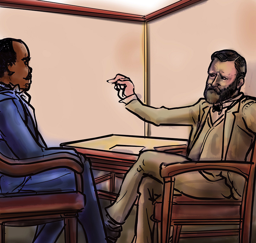 Illustrated scene of two people in a conversation. One person, with a beard, gestures while speaking, and the other listens attentively. They are seated in wooden chairs at a small table in a room with plain walls.