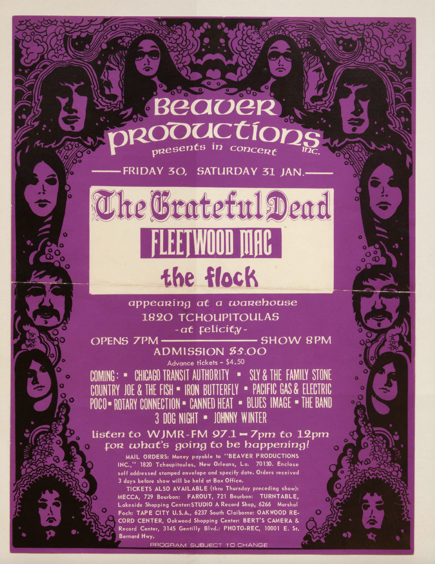 Purple and black psychedelic concert poster for The Grateful Dead, Fleetwood Mac, and The Flock, presented by Beaver Productions at a warehouse on Tchoupitoulas, January 30-31. Admission $5. Features artistic faces and band names.