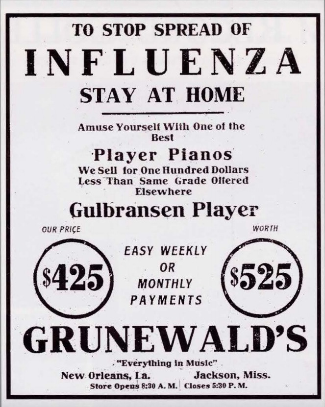 Vintage advertisement for Grunewalds Player Pianos, emphasizing at-home leisure to prevent the spread of influenza. Promotes Gulbransen Player Pianos for $425, previously $525, with easy payment options. Store hours: 8:30 AM to 5:30 PM in New Orleans.